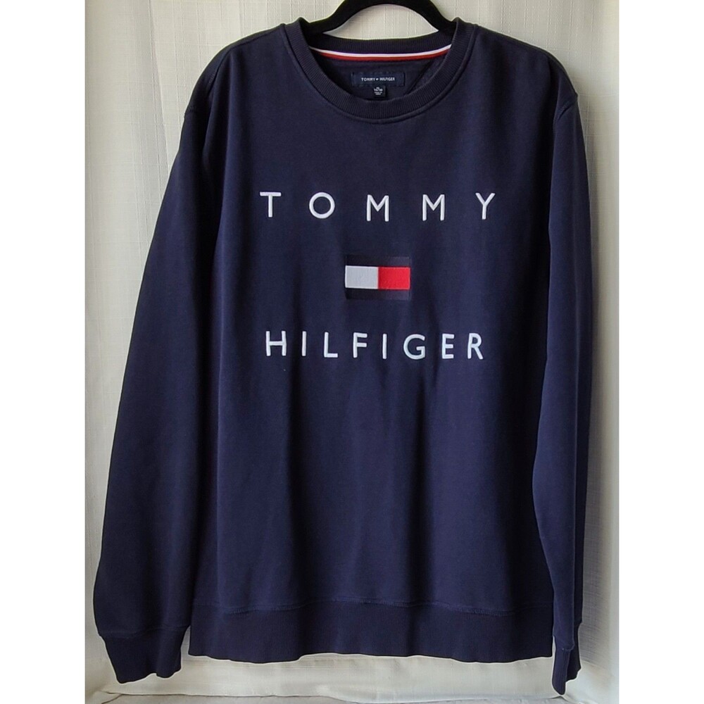 Tommy Hilfiger Mens XL Navy Blue Big Flag Logo Spellout Crewneck Sweatshirt
